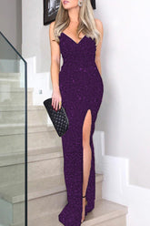 Vestidos de falda de un solo paso con escote en V y abertura con lentejuelas sólidas